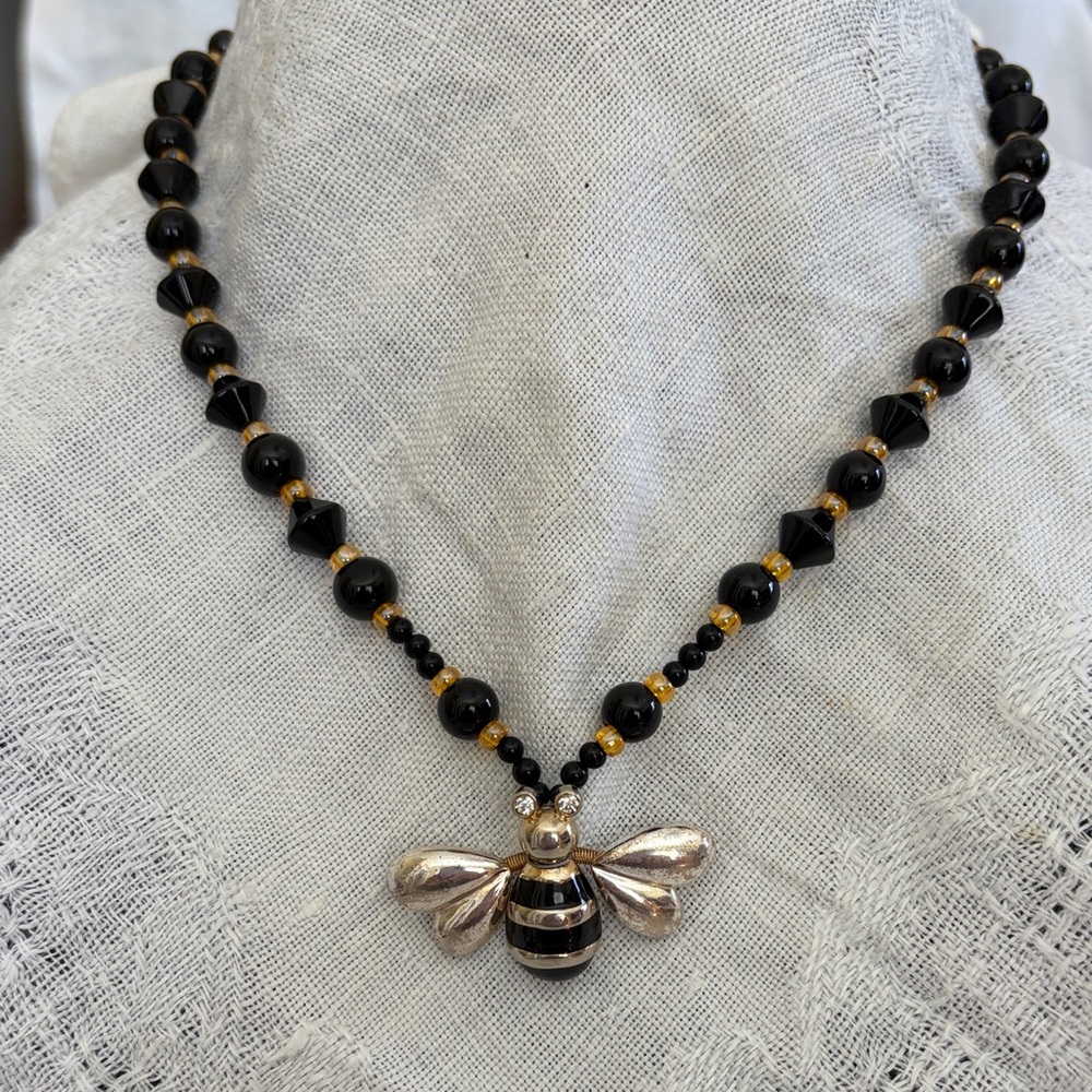 Handcrafted Silver & Black Bee Pendant Necklace & Earrings - One of a Kind❣️